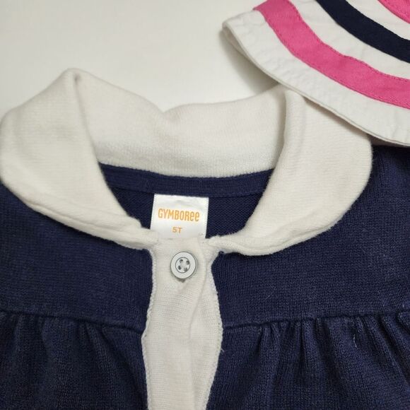 Girls Gymboree Navy, Pink, & White Cotton Dress Cardigan Hat Outfit Set 4t - Picture 5 of 16